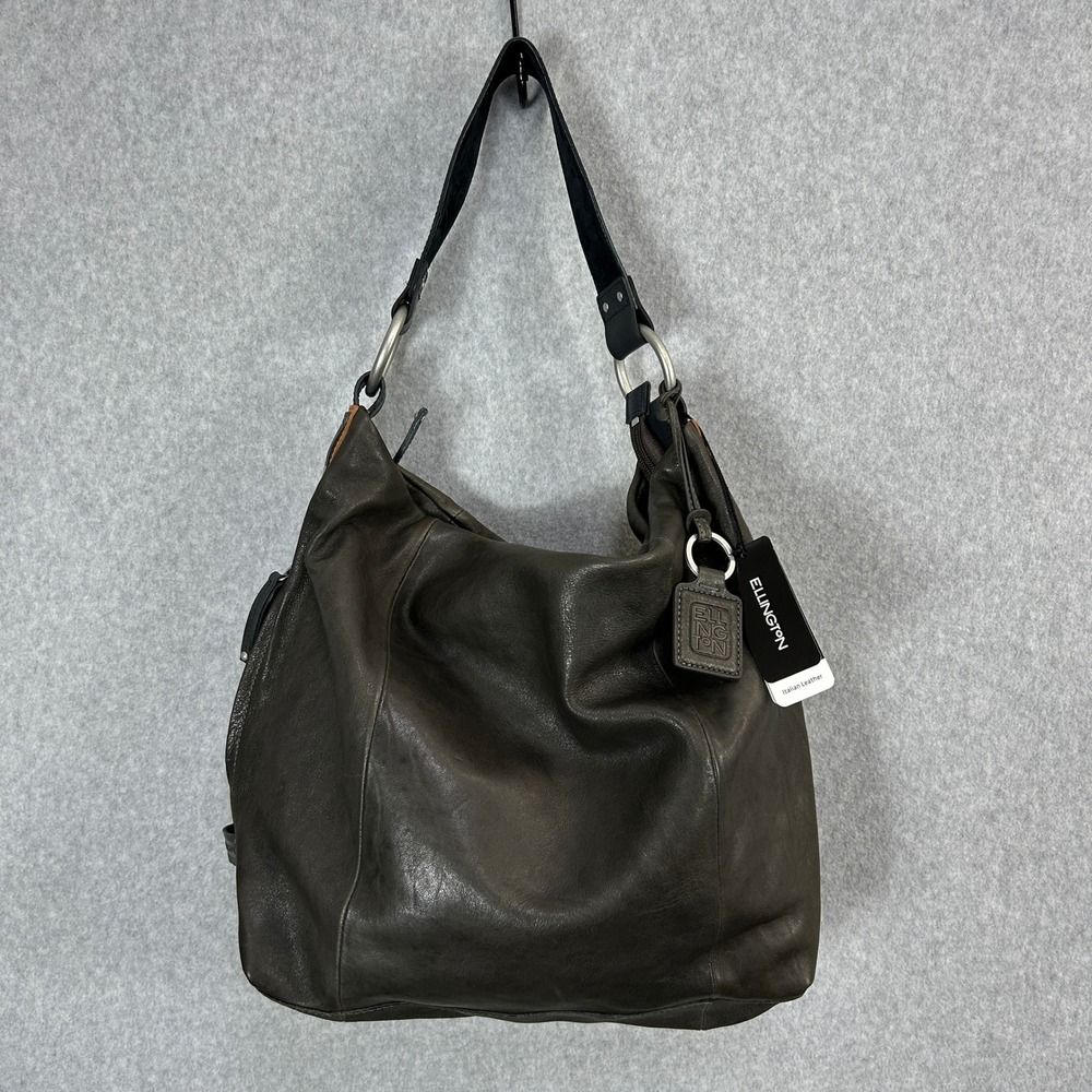 Ellington Sadie Hobo Gunmetal Italian Leather Shoulder Bag Dark Gray Large NEW